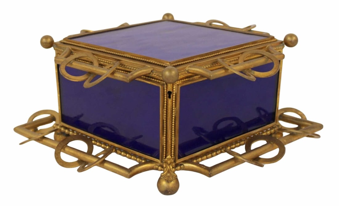 Antique Bronze Mounted Cobalt Glass Box.: From the estate of a 50+ year antique dealer specializing in decorative arts with an emphasis on Opaline glass boxes. - Dimensions: 5" h x 12" w x 7" d.