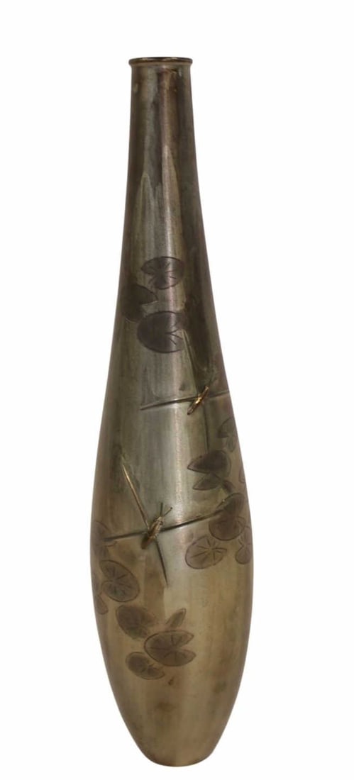 Signed Japanese Mixed Metal Vase.: From the estate of a 50+ year antique dealer specializing in decorative arts with an emphasis on Opaline glass boxes. Dimensions: vase measures approx. 14" h.
