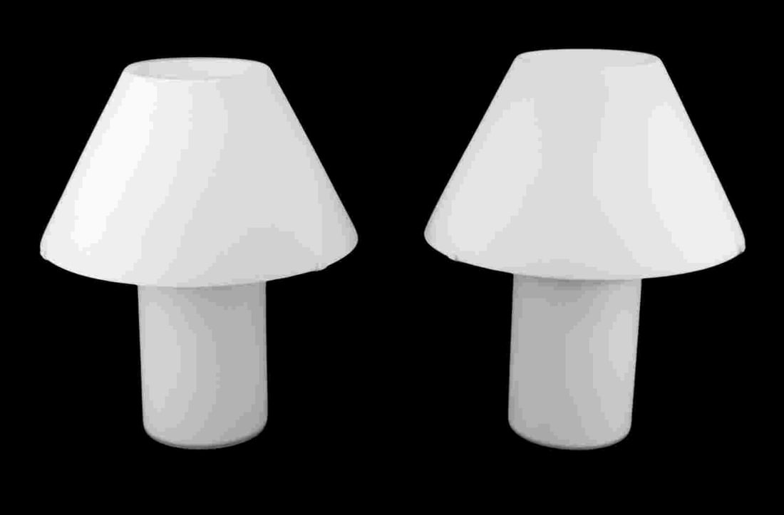 Pr Midcentury Glass Lamps with Glass Shades.: From the estate of a 50+ year antique dealer specializing in decorative arts with an emphasis on Opaline glass boxes. Dimensions: lamps measure approx. 11.25" in diameter x 13.625" h.