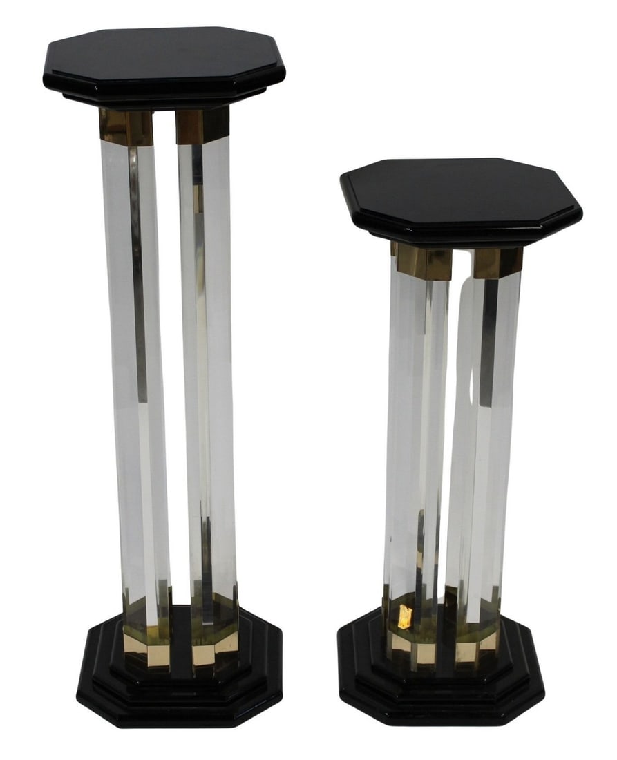 2 Midcentury Ebonized & Clear Lucite Pedestals.: Great pair with ebonized octagonal wood tops and bottoms, brass trim and Lucite. From the estate of a 50+ year antique dealer specializing in decorative arts with an emphasis on Opaline glass boxes. D