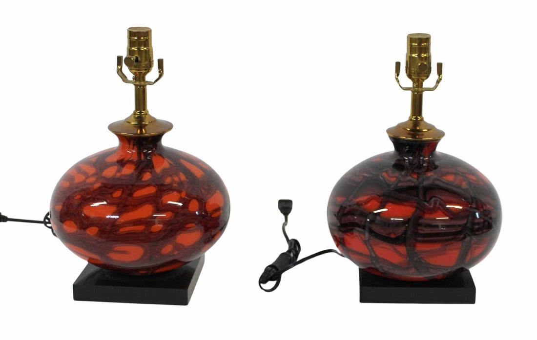 Pair of Glass Lamps by Kralik.: A pair of lamps with 1930's glass in a spider web pattern by Kralik. From the estate of a 50+ year antique dealer specializing in decorative arts with an emphasis on Opaline glass boxes. - Dimensions: