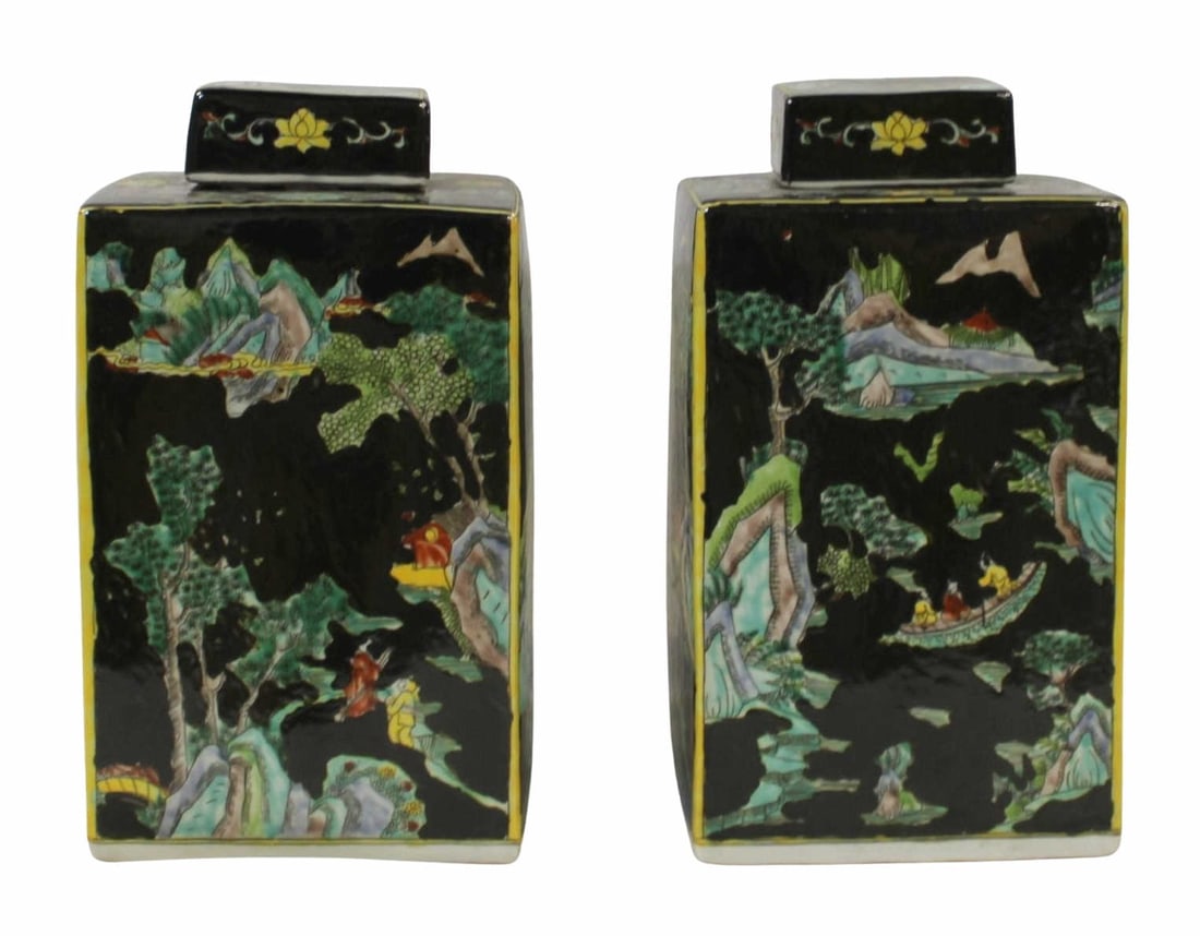 Pair of Chinese Famille Noir Lidded Jars.: With six-character marks to the underside. From the estate of a 50+ year antique dealer specializing in decorative arts with an emphasis on Opaline glass boxes. Dimensions: jar measures approx. 7"