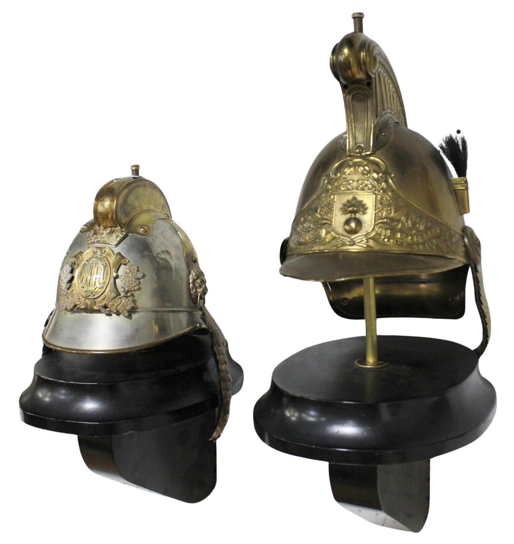 (2) Antique Continental Fireman's Helmets.: From the estate of a 50+ year antique dealer specializing in decorative arts with an emphasis on Opaline glass boxes. Dimensions: large fireman helmet measures approx. 10" w x 12" d x 23.5&q
