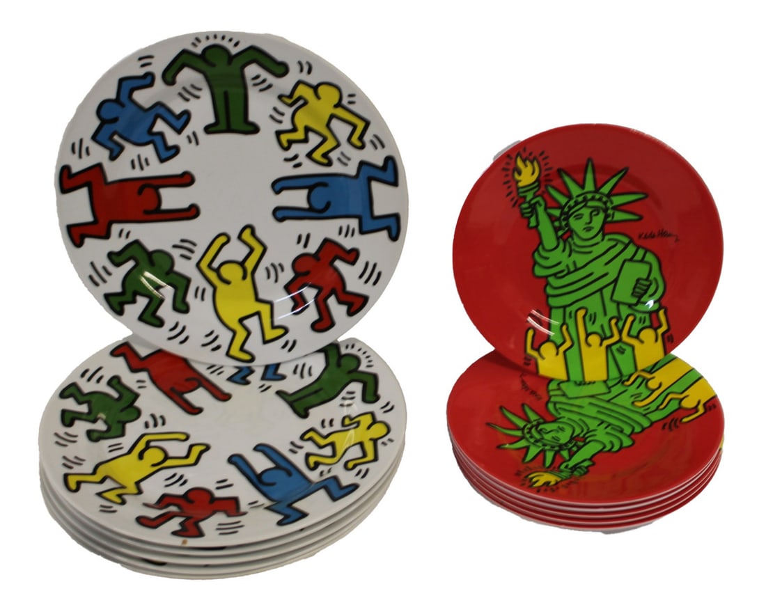 KEITH HARING Collection of Plates.: Set of (6) Keith Haring signed melamine plates made in France for the Keith Haring Foundation. From the estate of a 50+ year antique dealer specializing in decorative arts with an emphasis on Opaline 