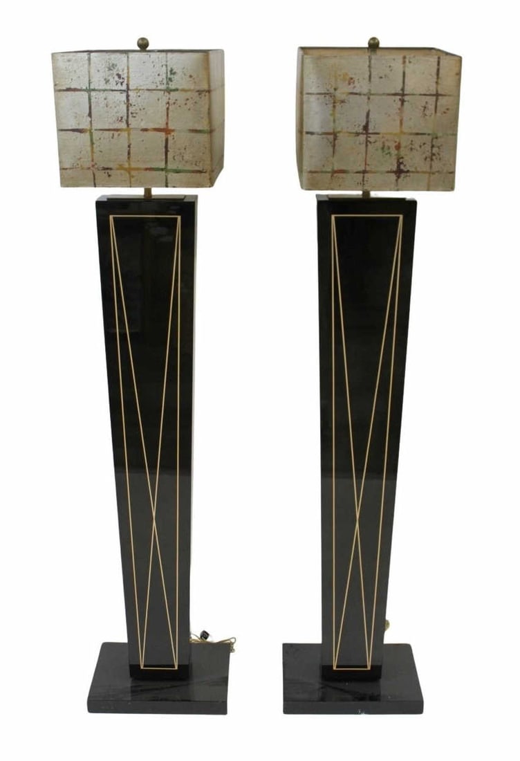Pair of Custom Lacquered and Inlaid Floor Lamps.: With shades. From the estate of a 50+ year antique dealer specializing in decorative arts with an emphasis on Opaline glass boxes. - Dimensions: 67" h.