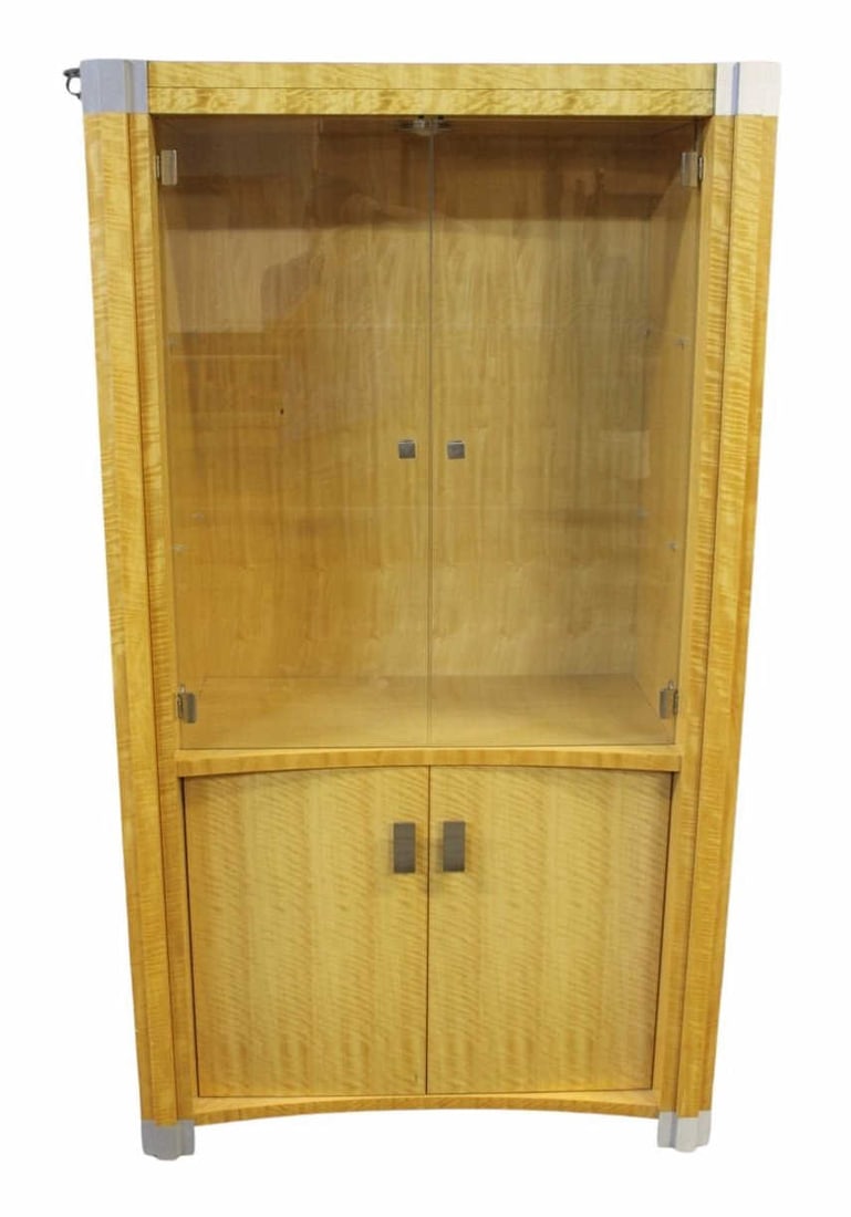 GIORGIO COLLECTION Burr Satinwood Display Cabinet: A Giorgio Collection burr satinwood drinks cabinet having brushed chrome trim and pencil inlay. Italy, mid-Century. From the estate of a 50+ year antique dealer specializing in decorative arts with an