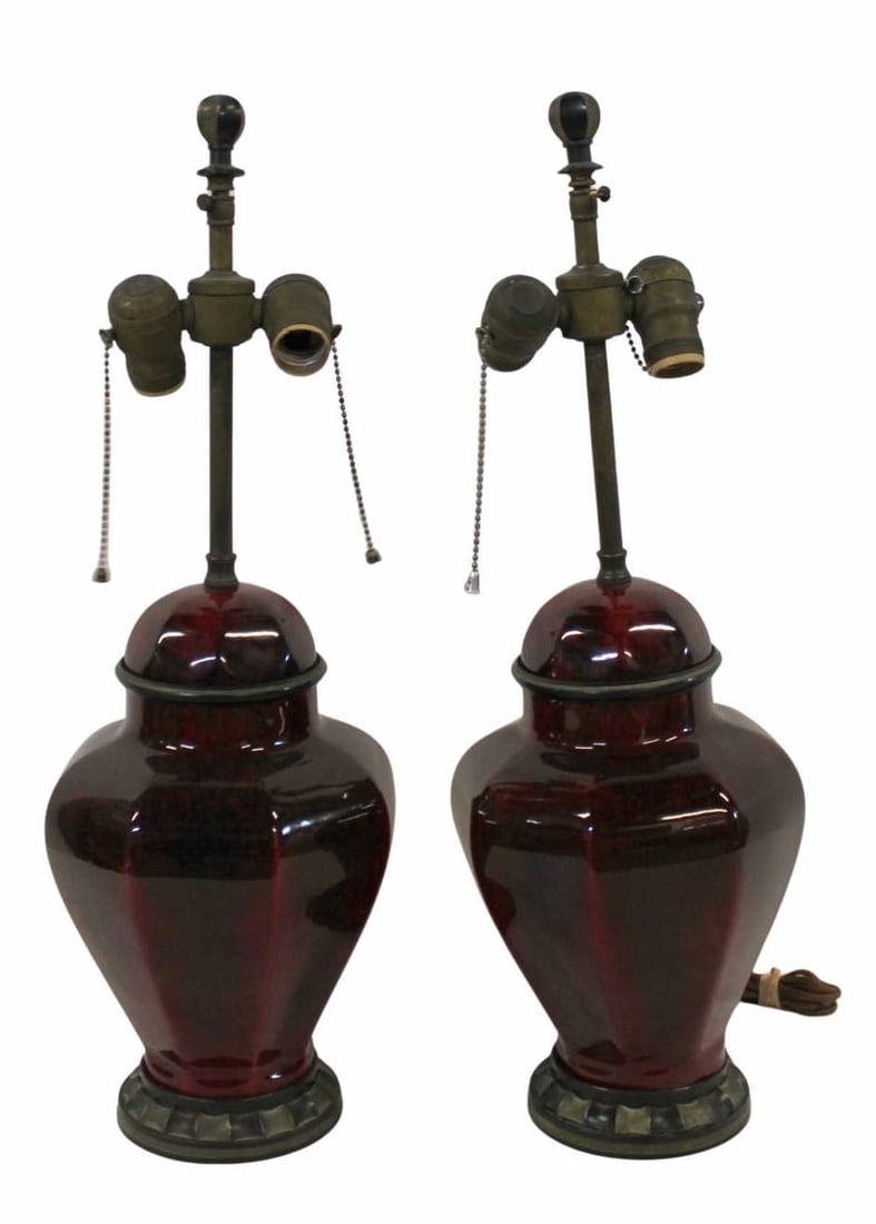 M.P. PAUL MILET Signed Sevres Lamps.: Pair of French Sevres lamps signed "MP Paul Milet" of sang de boeuf oxblood color with mottled glaze and bronze mounts. Also signed "GH Muller" in eight panel ginger jar shape. Cir