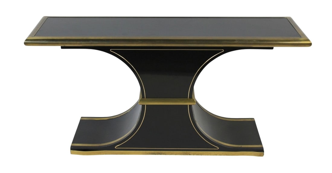 MASTERCRAFT Midcentury Brass & Lacquered Console.: From the estate of a 50+ year antique dealer specializing in decorative arts with an emphasis on Opaline glass boxes. Dimensions: console measures approx. 61" w x 17" d x 29" h.