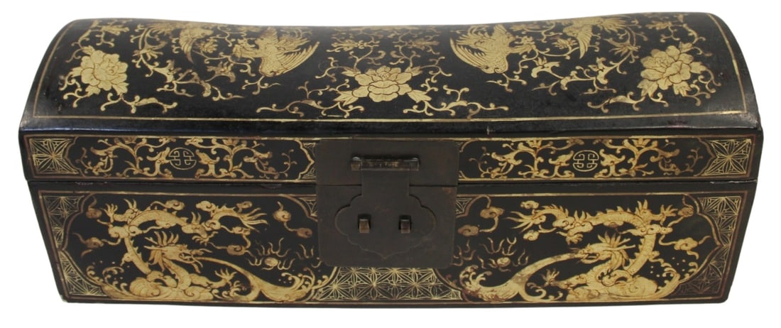 Chinese Gilt Decoirated Hand Painted Box.: From the estate of a 50+ year antique dealer specializing in decorative arts with an emphasis on Opaline glass boxes. Dimensions: 16.25" w x 5.5" d x 6.5" h.