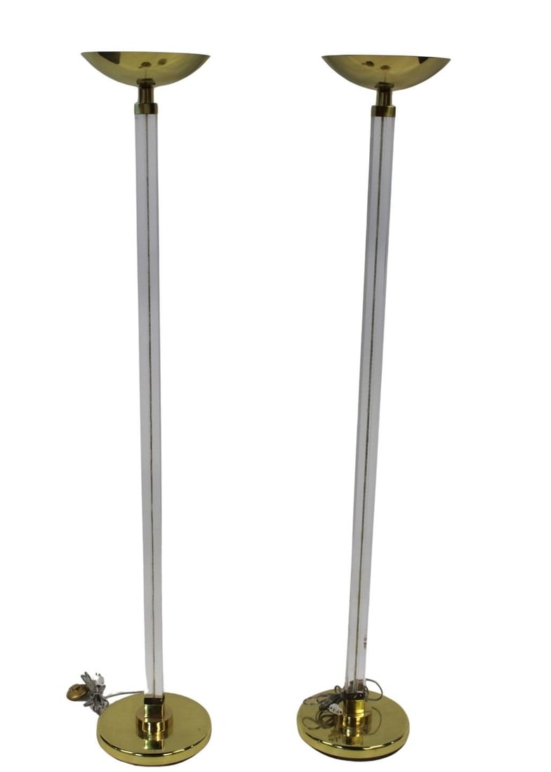 Midcentury Pr of Glass and Brass Torchiere Lamps. (1 of 4)
