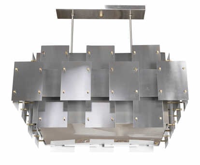 Midcentury Brushed Metal Chandelier After: Paul Evans. Robert Sonneman industrial style brushed metal chandelier, having brass screws. Chandelier has two sockets and a moulded plastic cover across the bottom to soften the light. From the