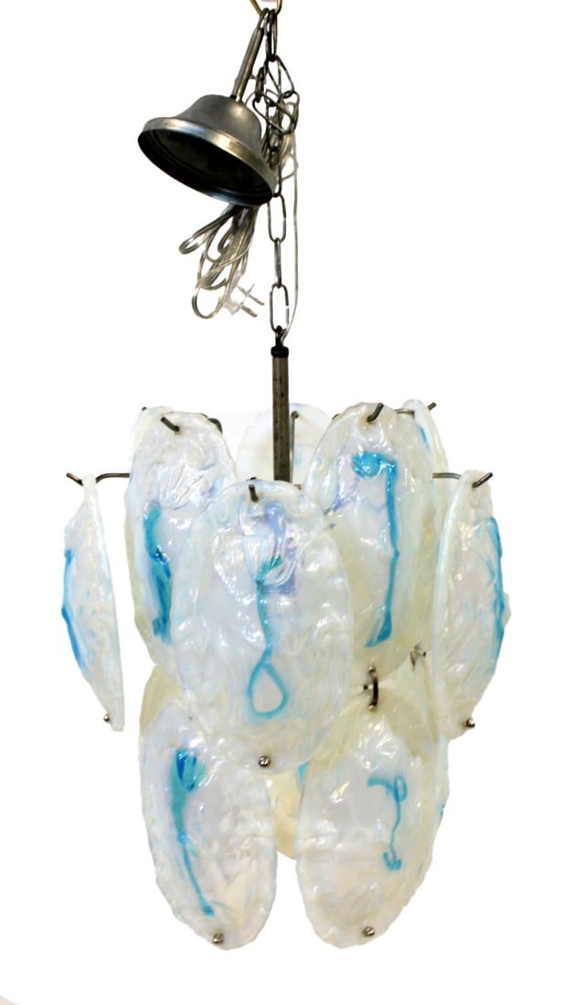Midcentury Murano Glass Blue Ice Chandelier.: From the estate of a 50+ year antique dealer specializing in decorative arts with an emphasis on Opaline glass boxes. Dimensions: chandelier measures approx. 19" from attachment hardware.
