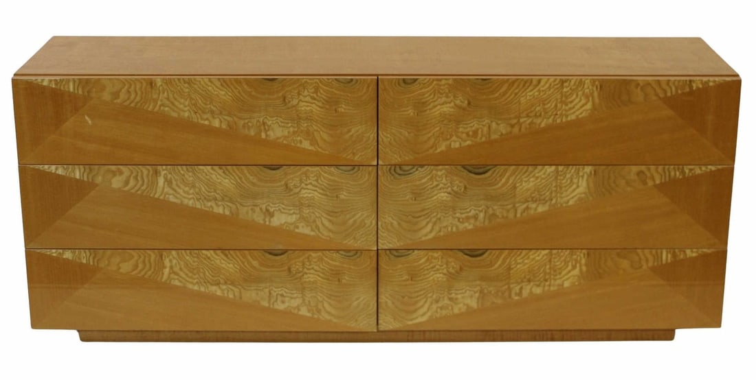 GIORGIO COLLECTION Maple Multi Drawer Dresser.: An Italian "Giorgio Collection" dresser in burr satinwood with tapered facade having exotic veneer. An exquisite and unique design. Mid to Late 20th Century. From the estate of a 50+ year an