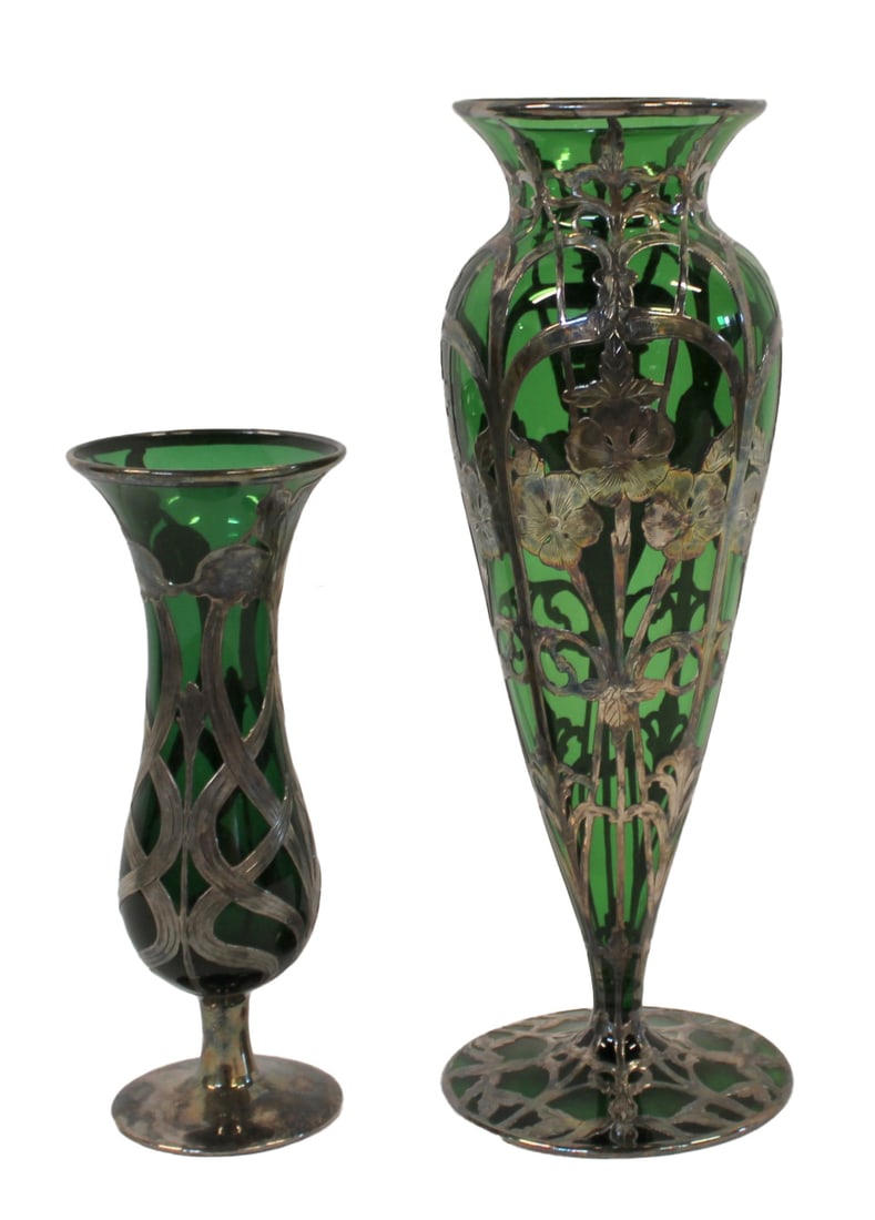 (2) Art Nouveau Silver Overlay Green Glass Vases.: Art Nouveau Alvin sterling over green glass vase. Glass vase possibly Steuben. Circa 1910. From the estate of a 50+ year antique dealer specializing in decorative arts with an emphasis on Opaline glas