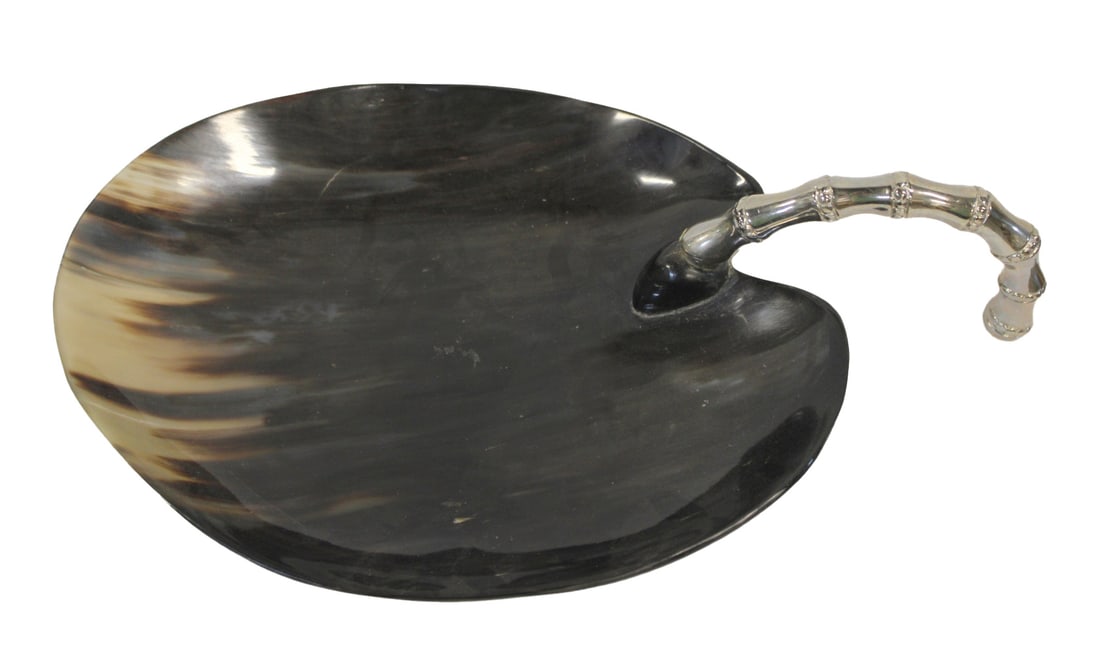 Natural Horn Bowl with Chrome Handle.: Natural horn bowl with chrome handle. Contemporary. From the estate of a 50+ year antique dealer specializing in decorative arts with an emphasis on Opaline glass boxes. - Dimensions: 4" h x 14.25" w 