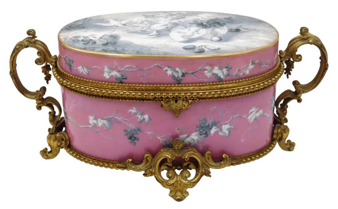 Large 19th C French Bronze Mounted Opaline Glass: Box. Large 19th C French oval form pink opaline glass hinged box with a grisaille display of fallen birds surrounded by flowering branches with fruit, vines of grape clusters to the body, and ornate s