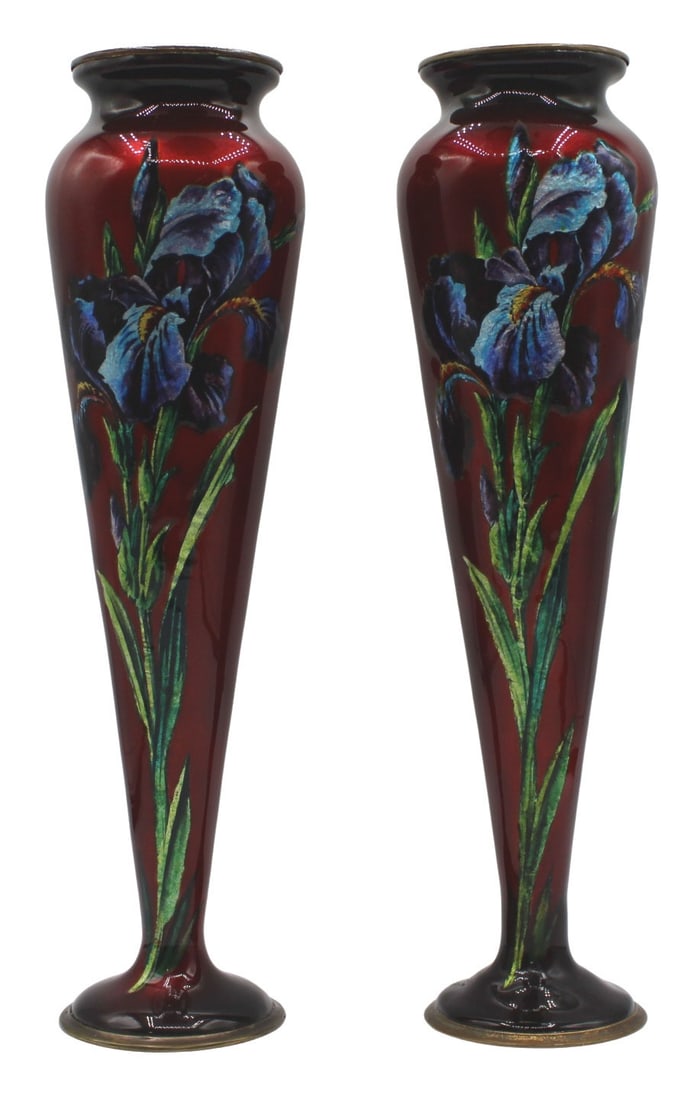 Pair of Camille Faure Enamel on Copper Iris Vases.: Pair of signed Camille Faure enamel on copper vases depicting iris. Signed, "C. Faure Limoges". Circa 1920's. From the estate of a 50+ year antique dealer specializing in decorative arts wit