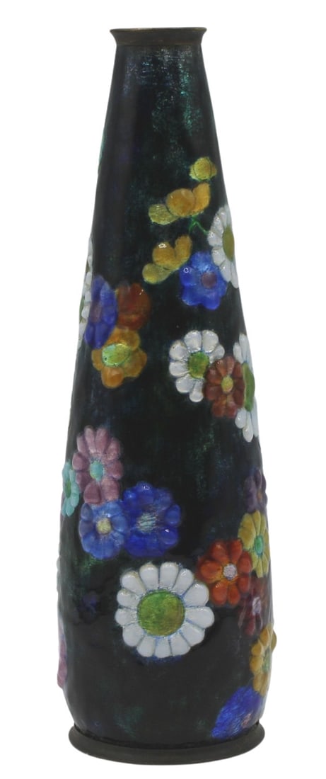 Camille Faure Enamel on Copper Floral Vase.: Early Art Deco Camille Faure enameled floral vase decorated in flowers of various size, color and species. Circa 1920's-1930's. Signed, "C. Faure Limoges". From the estate of a 50+ year anti