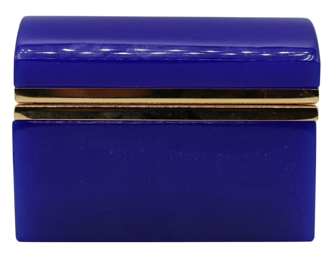 Vintage Domed Top Blue Opaline Glass Box.: Blue opaline trunk form glass box with gilt metal mounts. Circa 1950's. From the estate of a 50+ year antique dealer specializing in decorative arts with an emphasis on opaline glass boxes. Dimensions