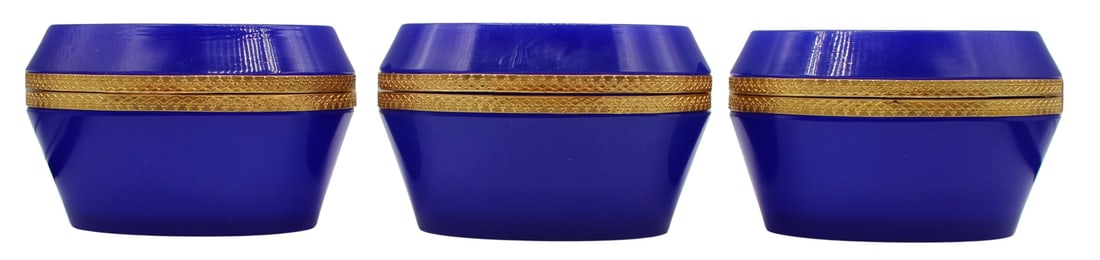 (3) Oval Blue Opaline Glass Boxes.: Includes (3) similar oval blue opaline glass boxes with gilt mounts engraved with a geometric pattern. From the estate of a 50+ year antique dealer specializing in decorative arts with an emphasis on 