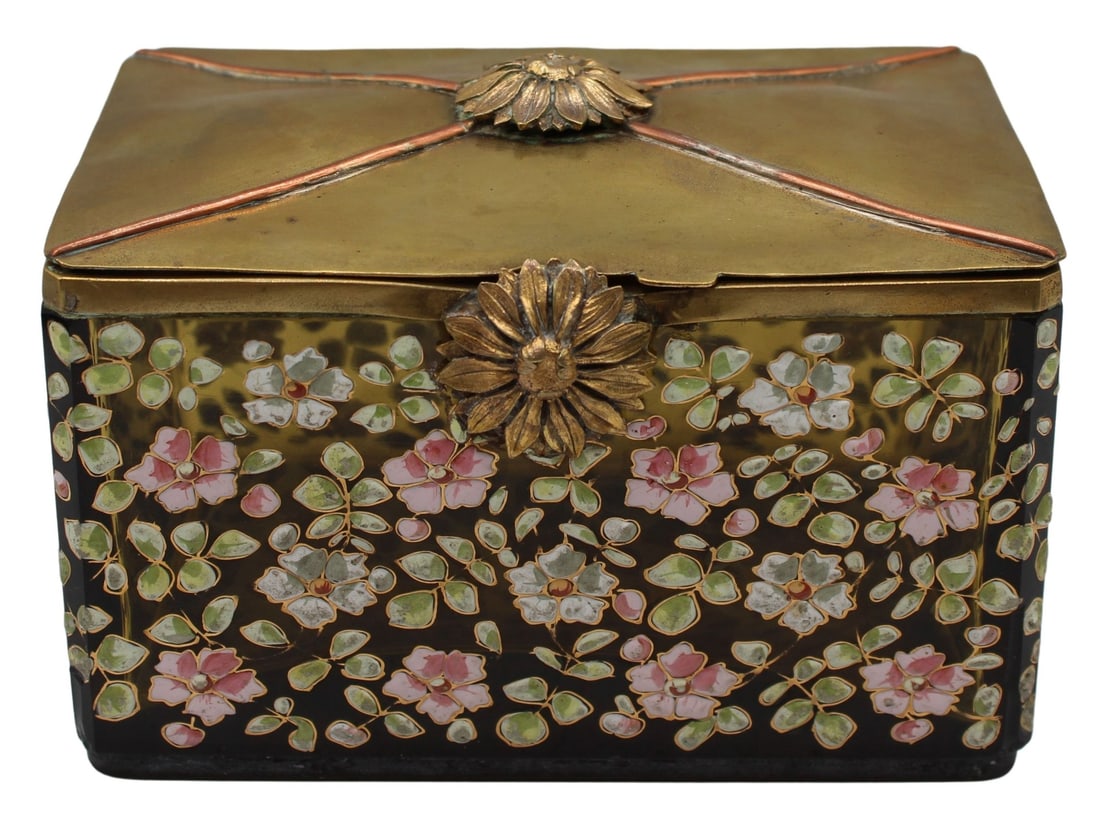 Gilt Metal Mounted Multi-Color Enamel Decorated: Floral Glass Box. The box had gilt metal mounts and is decorated in metal flowers on the front and lid, with other enamel flowers & leaves in multiple colors throughout. The glass is a thick, dark