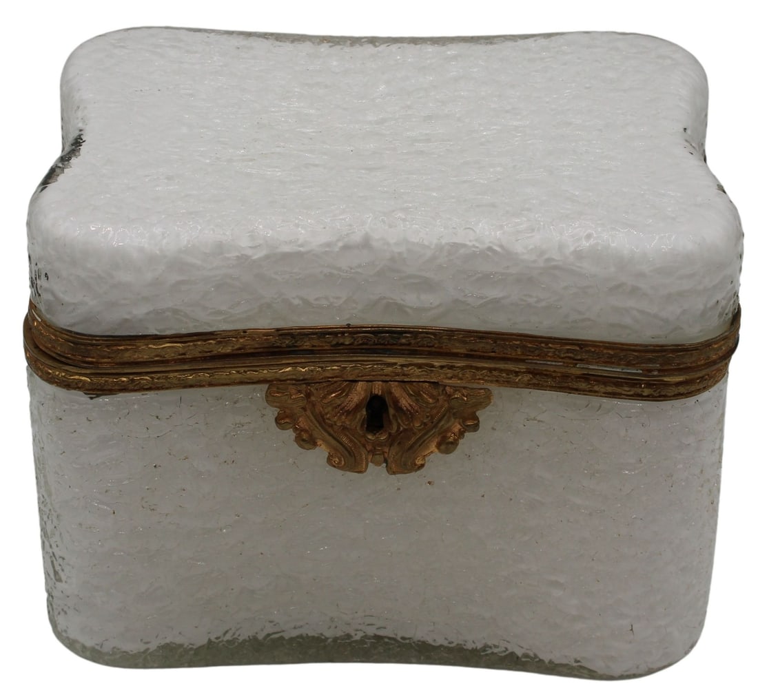 French White Craquelure Opaline Glass Box of: Serpentine Form. Glass box is accompanied with brass mounts with a gilt metal lock system. From the estate of a 50+ year antique dealer specializing in decorative arts with an emphasis on opaline glas