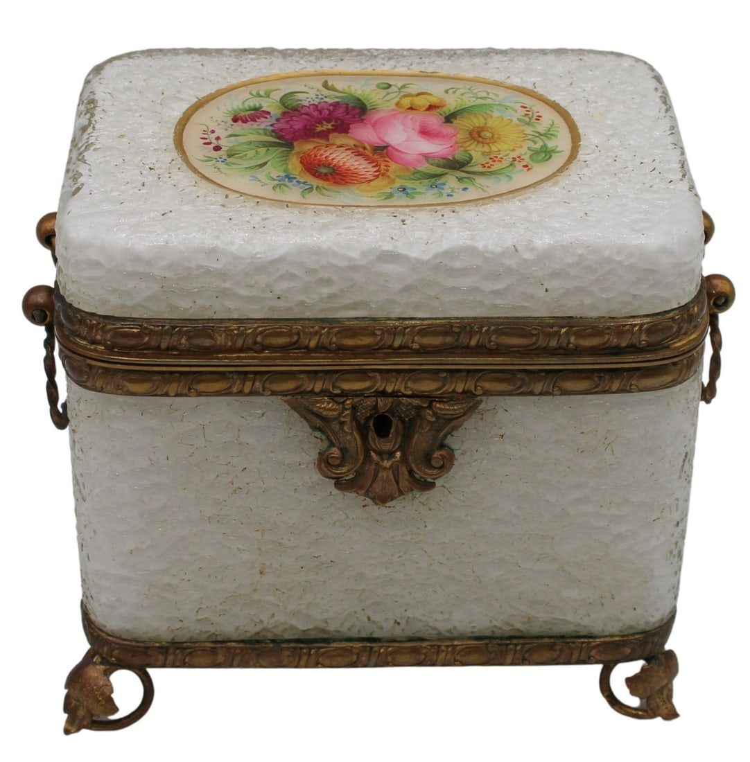 19th C Craquelure White Opaline Sugar Casket.: Hand painted white opaline craquelure glass sugar casket with engraved bronze mounts. Including leaf and ring form feet. Small painting of flowers on the lid. Illegible initials (?) on the interior li