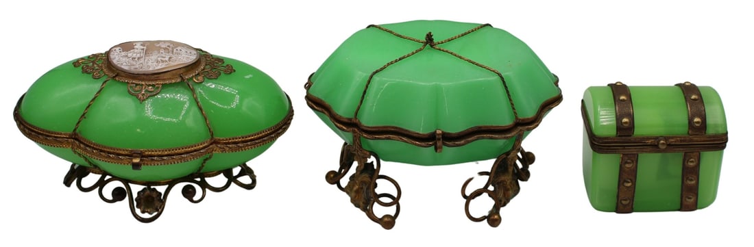 (3) Antique Unusual Form Green Apple Opaline Glass: Boxes. Including a French green apple opaline box of rare form and ornate gilt metal mounts; a green apple glass trunk form glass box with gilt metal mounts; and a French 19th C green apple opaline gl