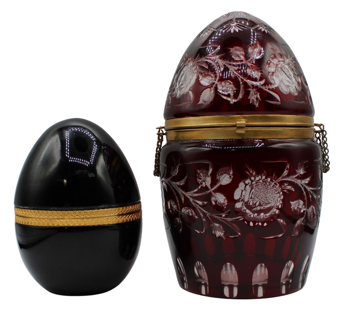 (2) Antique Egg Form Colored Glass Boxes. (1 of 20)