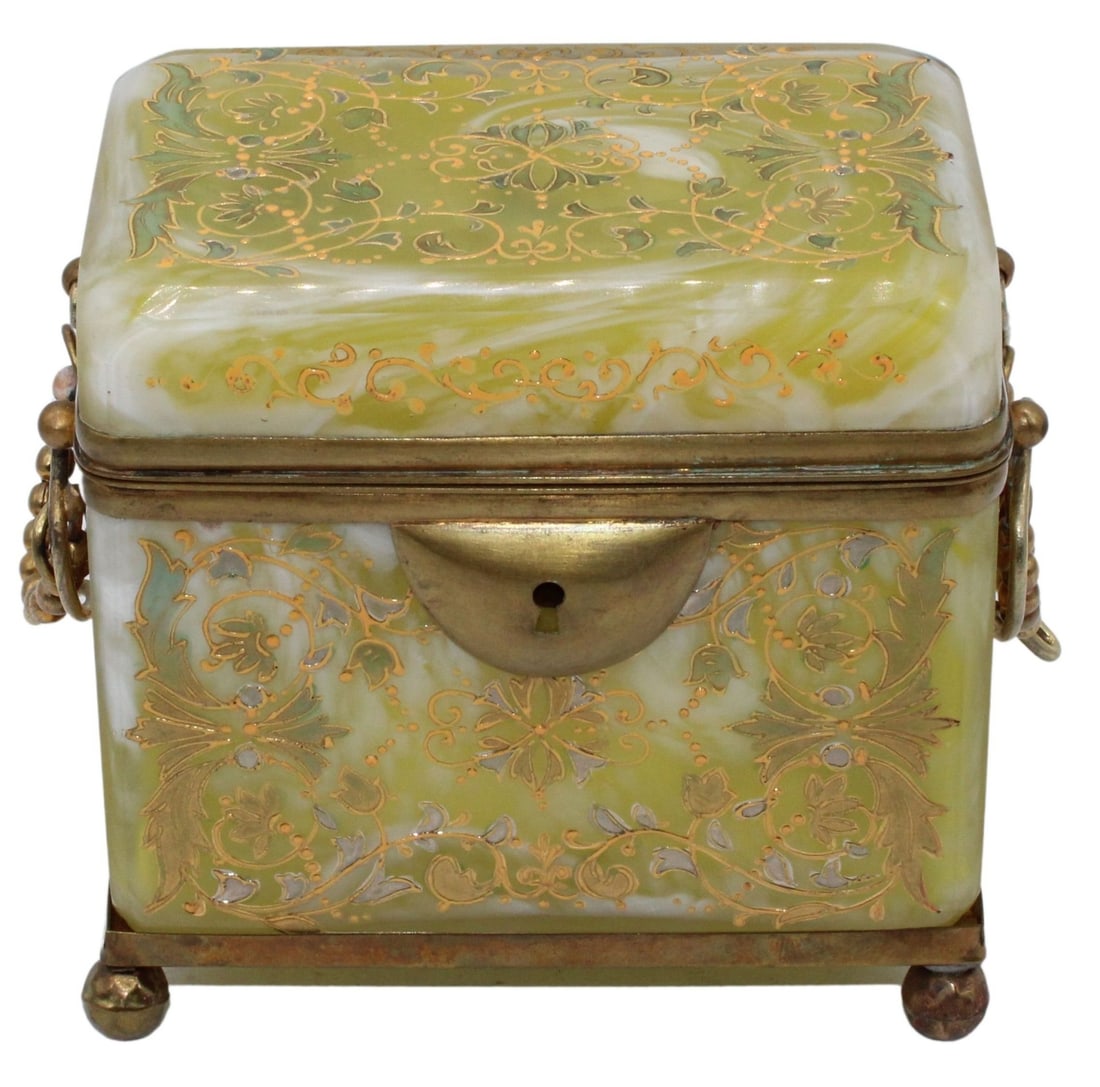 Antique 19th C Lemon Colored Glass Box with Gilt: Metal Mounts. Lemon yellow with white swirl glass box is decorated in an enamel floral decoration. Ball form feet with bead form side handles. From the estate of a 50+ year antique dealer specializing