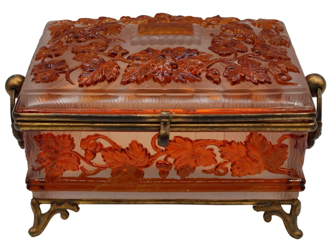 Baccarat Acid Etched Cameo Glass Box with Bronze: Mounts. The box is decorated in an orange and white floral and leaf motif, with a s-style front clasp and ring form side handles. Circa 1890's-1910's. From the estate of a 50+ year antique dealer spec
