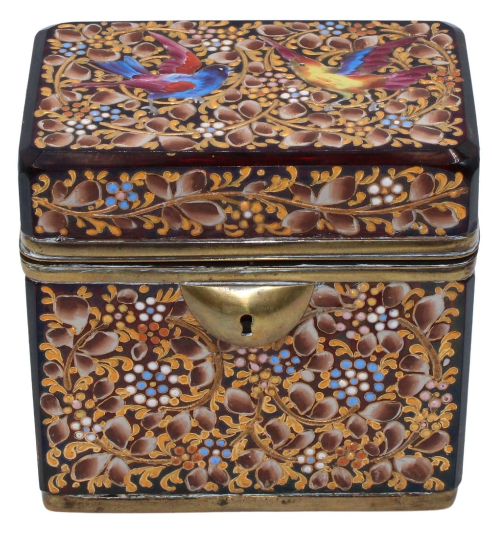 19th C Moser Enameled Cranberry Glass Box. (1 of 17)