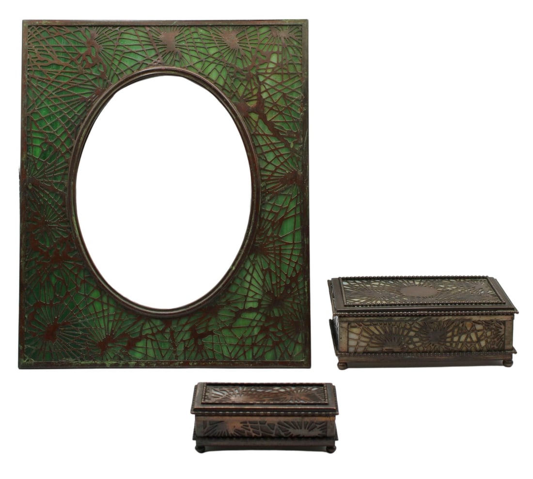 (3) Tiffany Studios Pine Needle Bronze Pieces.: Including a small hinged box with a gilt metal tray inside on ball form feet with white slag glass - stamped, "Tiffany studios New York 801"; a larger pine needle hinged box on ball form fee