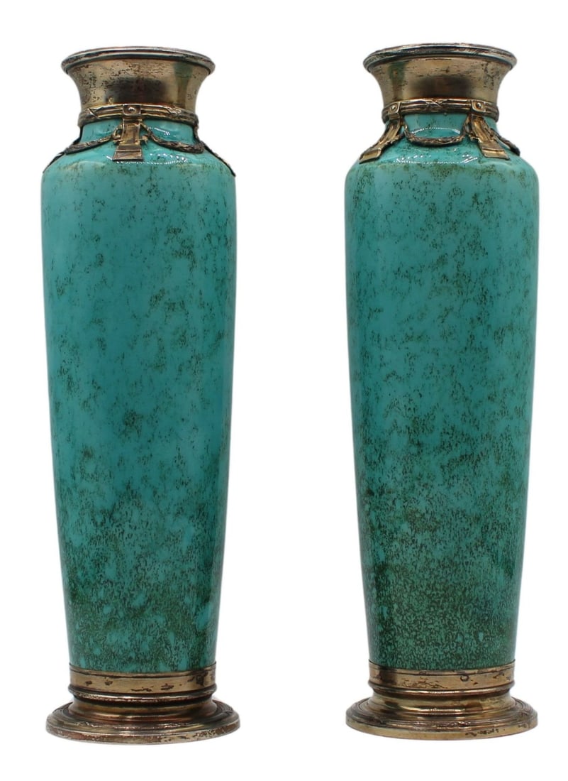 SILVER. Pr of Possibly Paul Milet? Sevres Vases.: Pair of ceramic blue and green vases with silver accents. Signed, "Sevres" on the underside. Bearing a French first standard hallmark of Mercury signifying a silver purity of .950 alongside 
