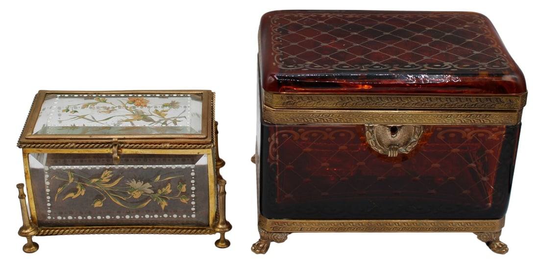 (2) 19th C Bohemian Glass Boxes with Metal Mounts. (1 of 20)