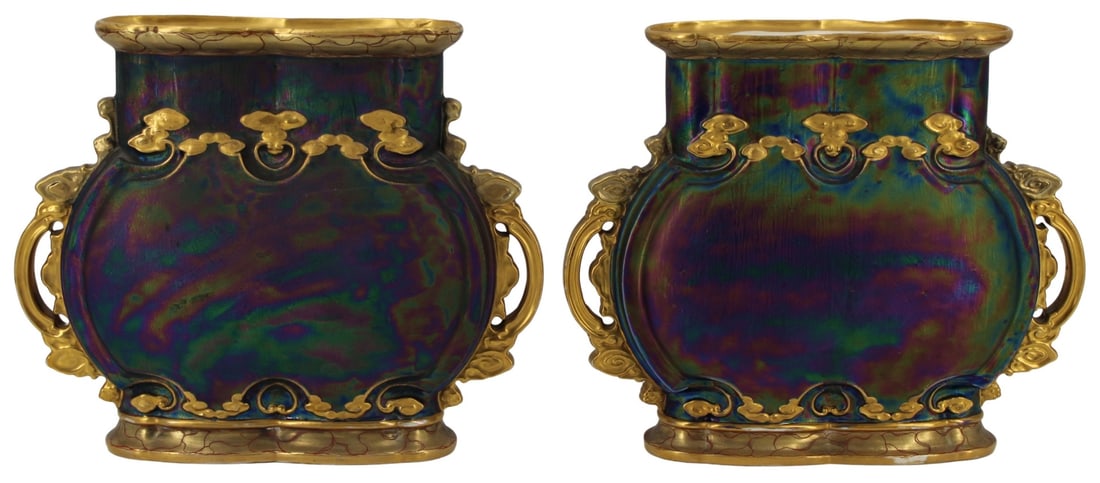 Pair of Austrian Art Nouveau Carl Knoll Wide Vases: Pair of Austrian art nouveau wide vases by Carl Knoll. Decorated with an iridescent glaze and fine 24kt gold gilding. Circa 1900's-1910's. From the estate of a 50+ year antique dealer specializing in 