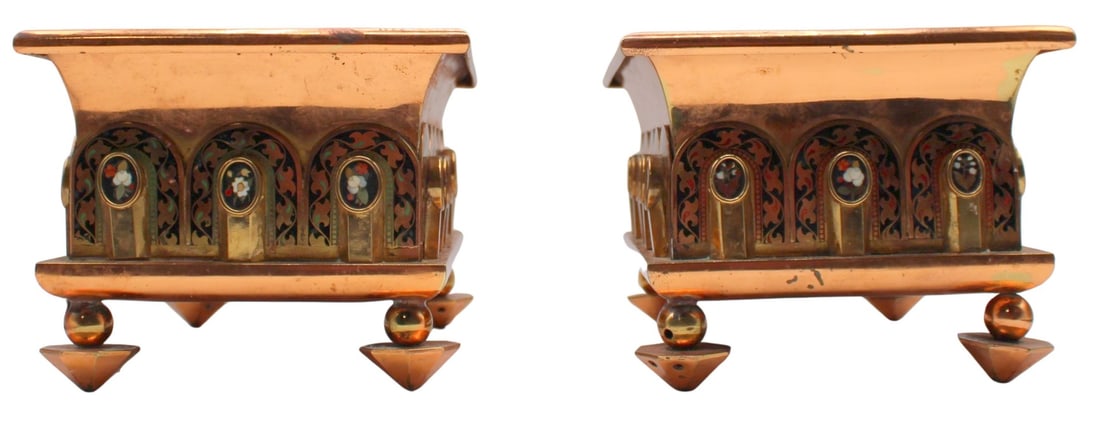 Pair of 19th C Copper and Brass Cache Pots.: Pair of late 19th C copper and brass cache pots with pietra dura plaques of flora. The pots have wood interior bases and diamond and ball form feet. Inlay flowers depicted are of various color, size, 