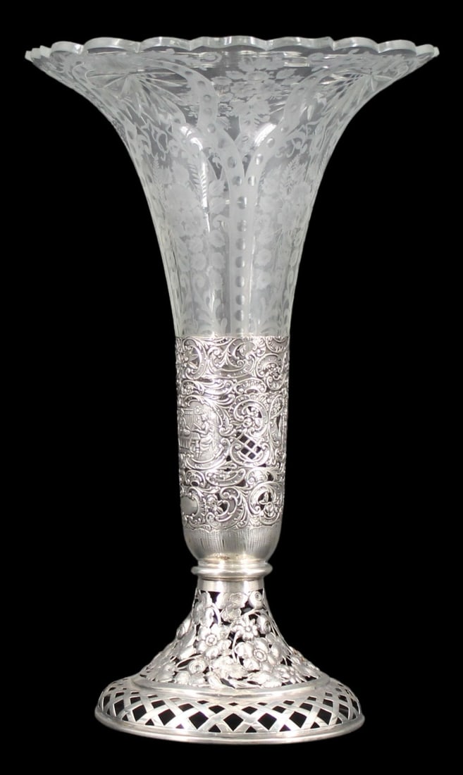 SILVER. 19th C Reposse .800 Silver Trumpet Vase (1 of 15)