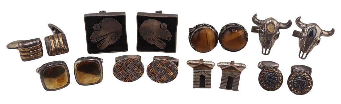 JEWELRY. Collection of Silver Cufflinks Inc Yurman: Includes a pair of Israeli sterling and tiger's eye cufflinks - stamped, "Made in Israel 925"; a pair of signed JHP Taxco Mexican .980 silver square face cufflinks with applied lizard heads 