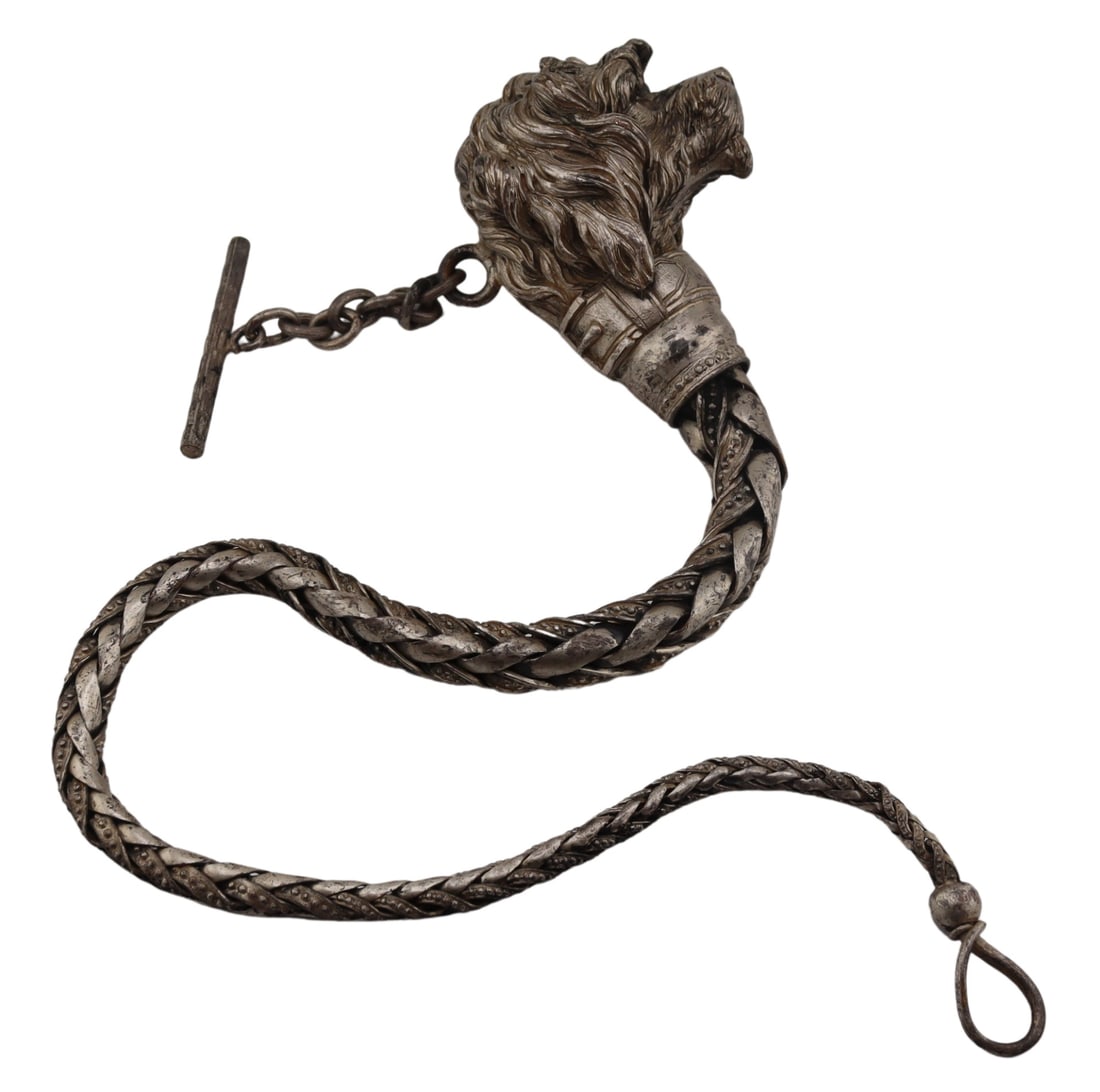 SILVER. Wonderful Antique Dog Head Silver Fob: Chain. Antique silver fob chain in the form of a beautifully detailed dog's head with collar extending to a tapered woven chain link comprised of polished and beaded links and terminating in a twisted