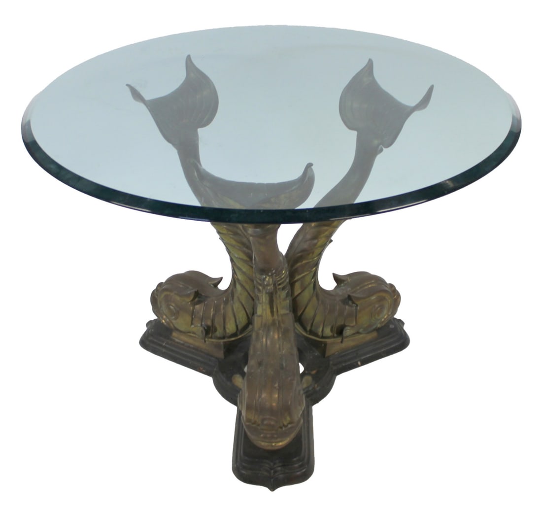 Vintage Bronze Dolphin Base Table with Glass Top. (1 of 8)