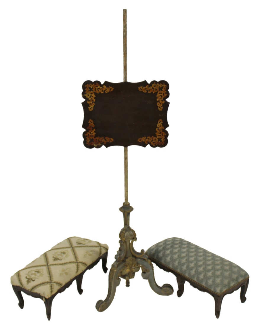 Antique Fire Screen Together with 2 Louis XV: Style Stools. From the estate of a 50+ year antique dealer specializing in decorative arts with an emphasis on Opaline glass boxes.