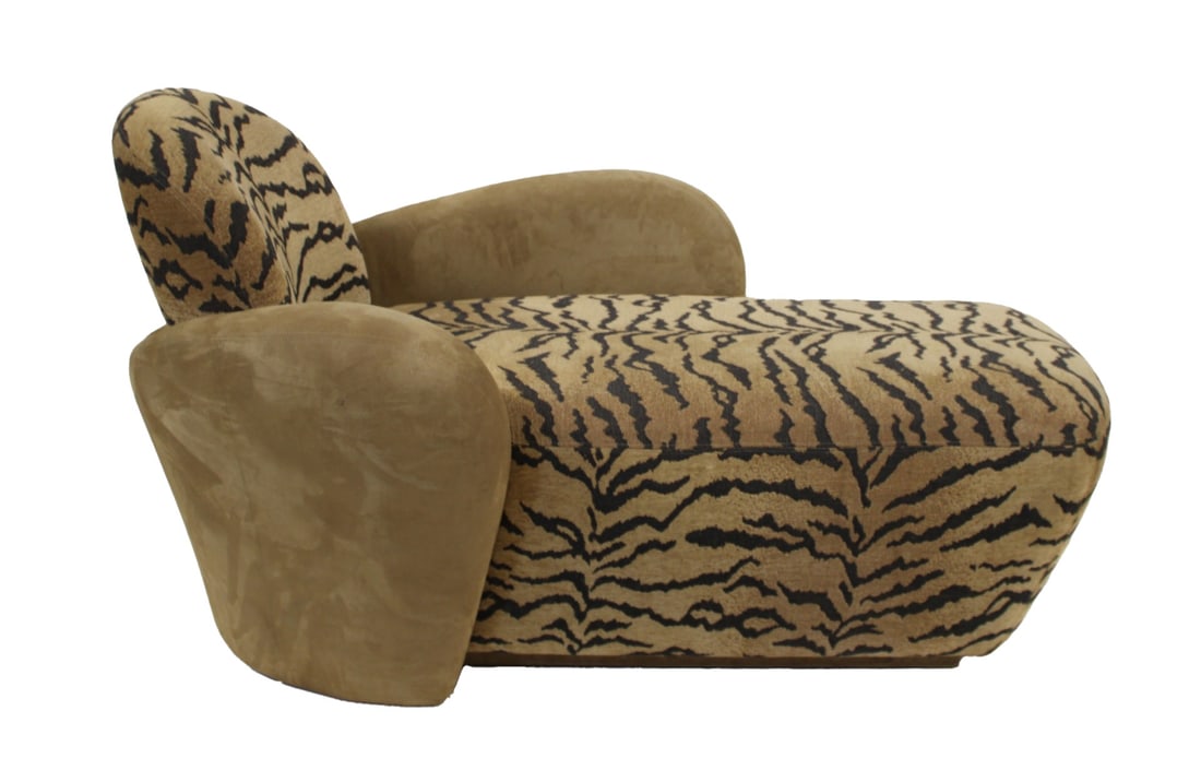 Art Deco Style Chaise lounge with Suede & Faux: Hide Fabric. Good quality and size. From the estate of a 50+ year antique dealer specializing in decorative arts with an emphasis on Opaline glass boxes.