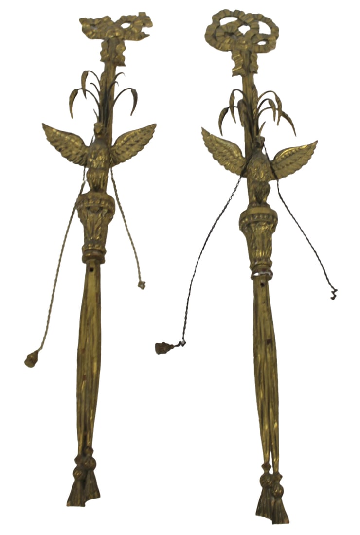 Midcentury Pair of Italian Carved & Giltwood Eagle: Sconces. Large and nice gilt patina eagle form sconces with wings spread, wheat sheaf and ribbon decoration. From the estate of a 50+ year antique dealer specializing in decorative arts with an emphas