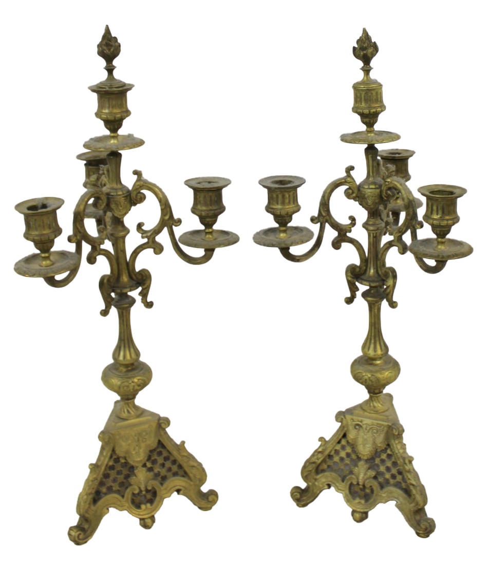 Art Deco Pair of Brass Candelabra.: From the estate of a 50+ year antique dealer specializing in decorative arts with an emphasis on Opaline glass boxes. - Dimensions: 12" h x 9" w.