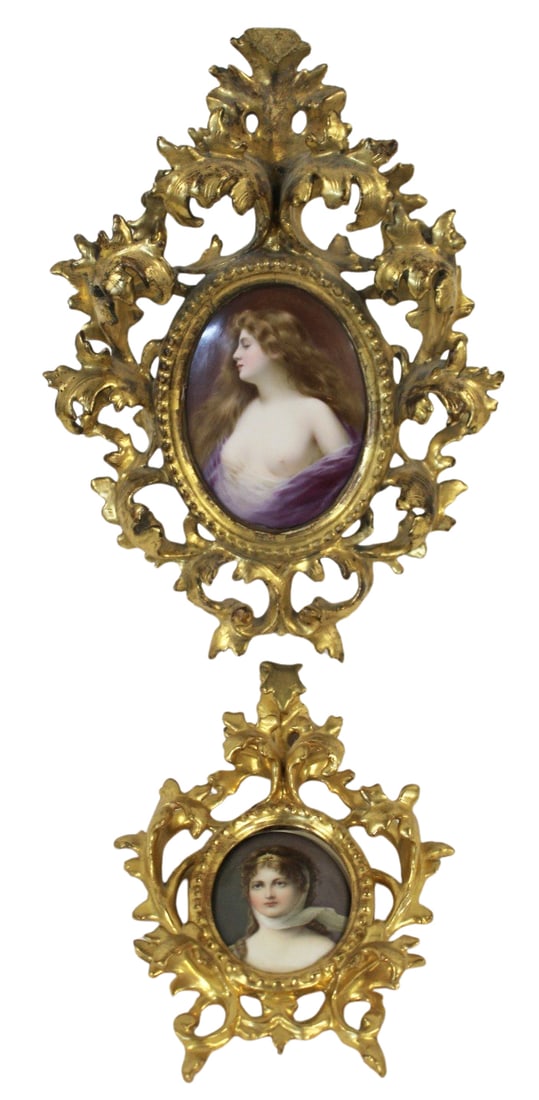 KPM Style Framed Porcelain Plaques.: From the estate of a 50+ year antique dealer specializing in decorative arts with an emphasis on Opaline glass boxes. Both in Roccocco style carved giltwood frames 13" h x 9" w plaque 5"
