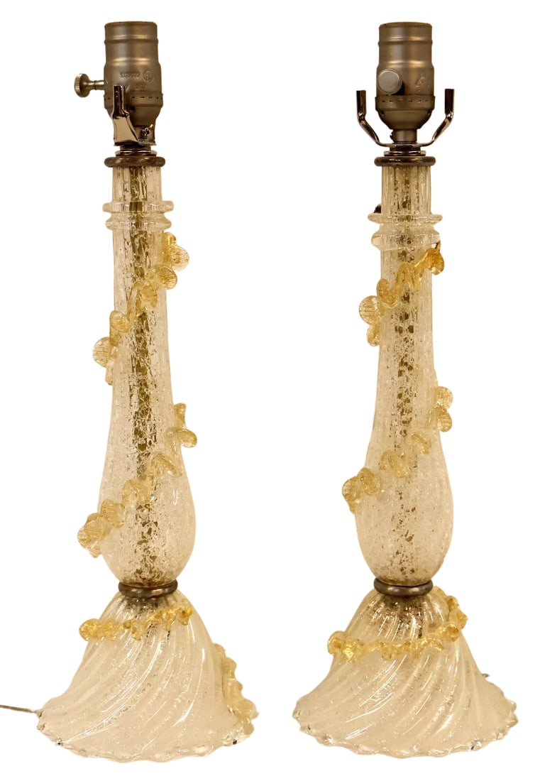 Midcentury Pair of Murano Glass Lamps.: From the estate of a 50+ year antique dealer specializing in decorative arts with an emphasis on Opaline glass boxes. - Dimensions: 15" h.