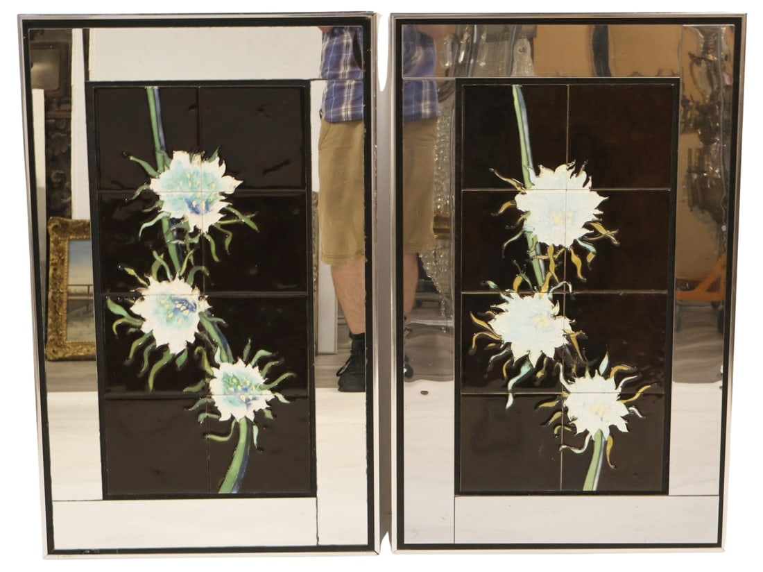 Pair of Signed Harris Strong Ceramic & Glass: Plaques. Pair of signed Harris Strong ceramic & glass plaques. Circa 1950's. From the estate of a 50+ year antique dealer specializing in decorative arts with an emphasis on Opaline glass boxes. -