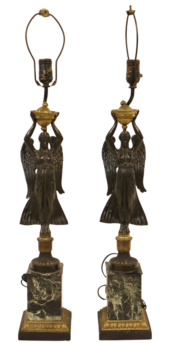 Pair of Bronze & Ormolu "Winged Victory" Lamps.: With Shades. Pair of bronze & ormolu "Winged Victory" lamps with marble bases. From the estate of a 50+ year antique dealer specializing in decorative arts with an emphasis on Opaline gl