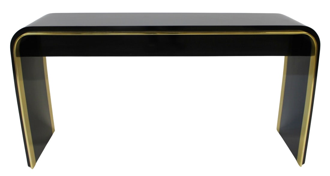 Midcentury Ebonised Console with Brass Trim.: Great quality with heavy brass trim and striped ebonized wood. From the estate of a 50+ year antique dealer specializing in decorative arts with an emphasis on Opaline glass boxes. - Dimensions: 28" h